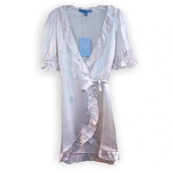 Hill House 100% Silk Nima Satin White Ruffled Sheer V Neck Wrap Mini Dress S NWT - Picture 1 of 11
